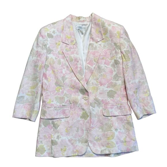 Vintage Liz Claiborne Spring Pink Floral One Button Linen Blazer Size 8 - Picture 1 of 5